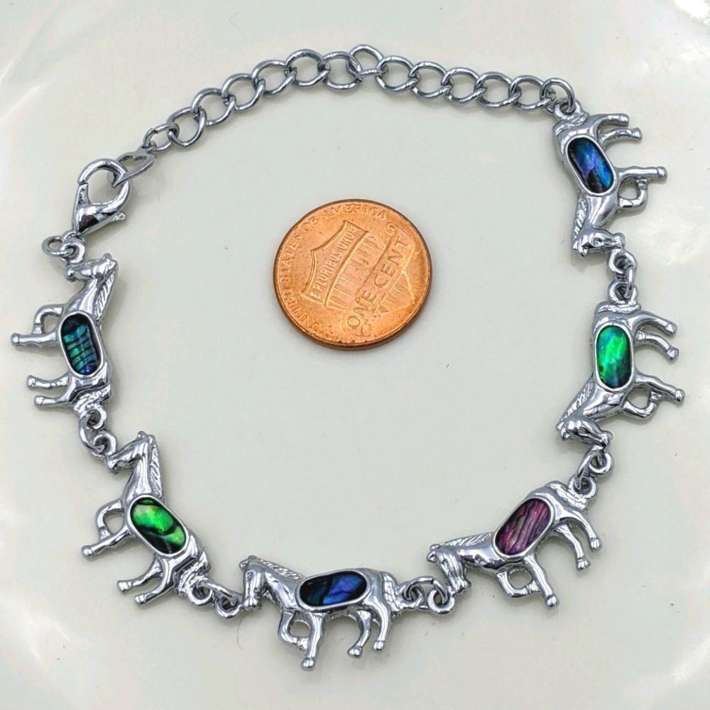 Abalone Rainbow Horse Silver Tone Bracelet Euc